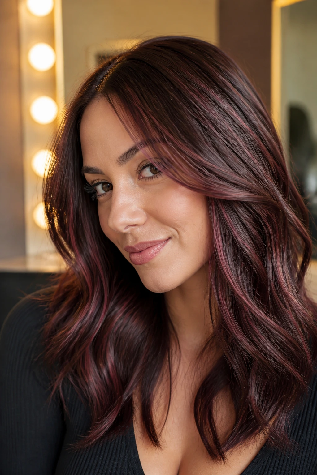 Close-up hair with cherry cola micro-lights on brunette hair