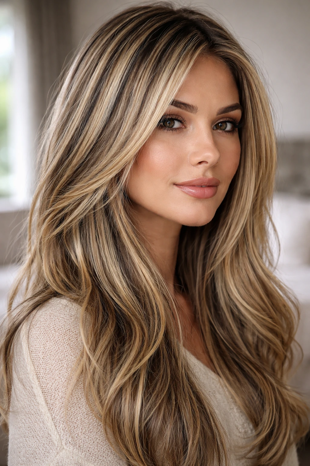 Close-up portrait of a real woman showing thin black micro-lowlights in blonde hair