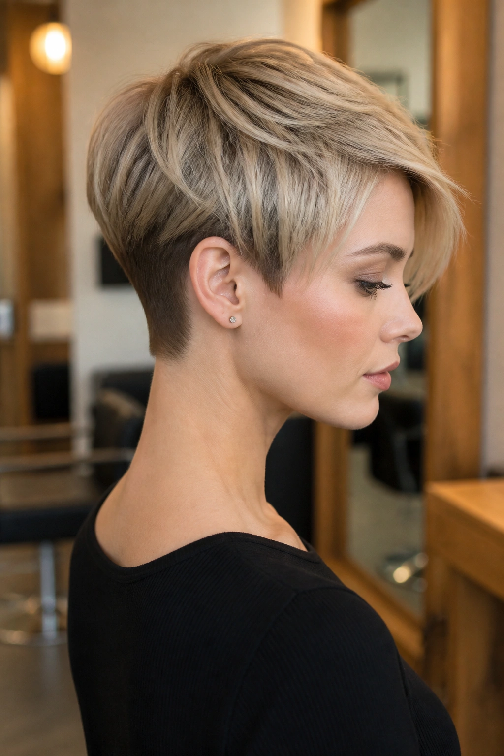 Close-up portrait of a real woman with micro-nape pixie and longer top layer.