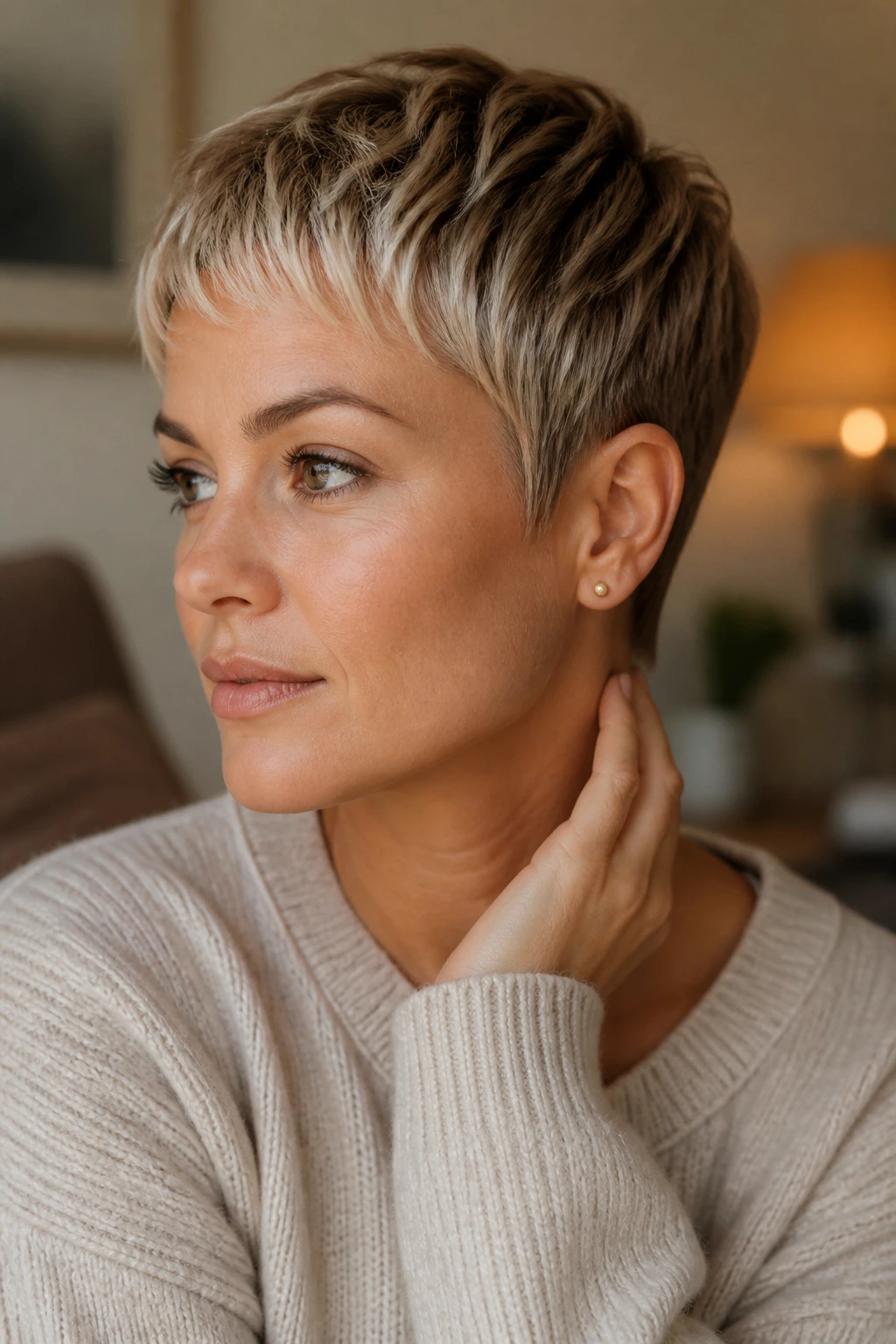 Close-up portrait of a real woman with micro pixie and beige blonde melt under warm natural light.