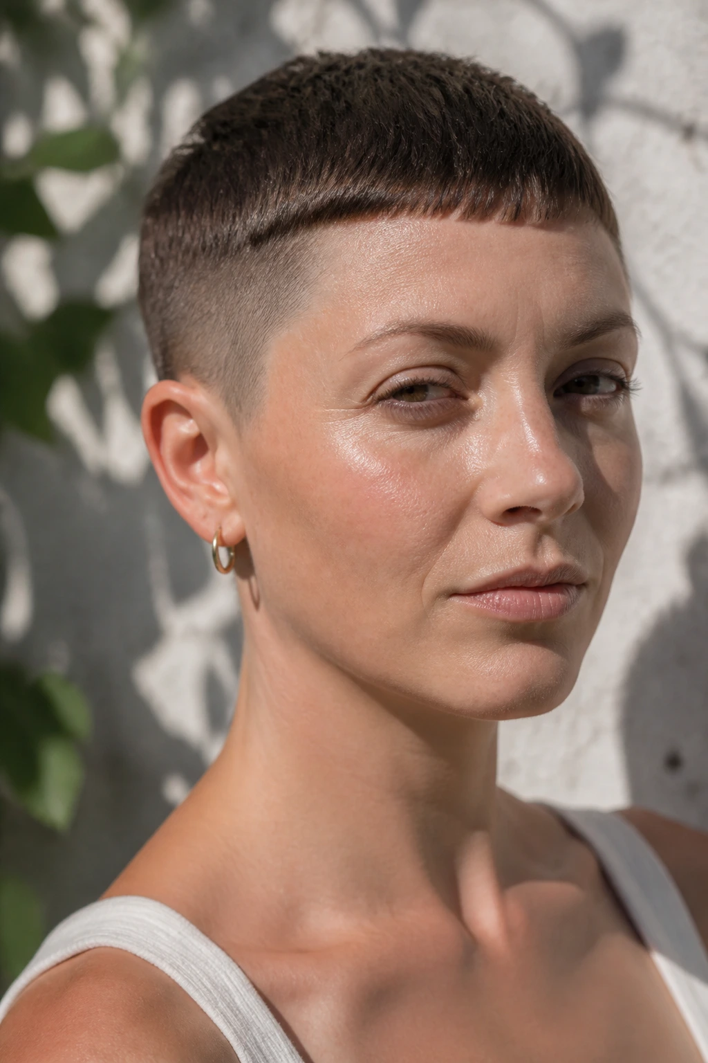 Close-up of a real woman with a blunt micro pixie hairstyle.