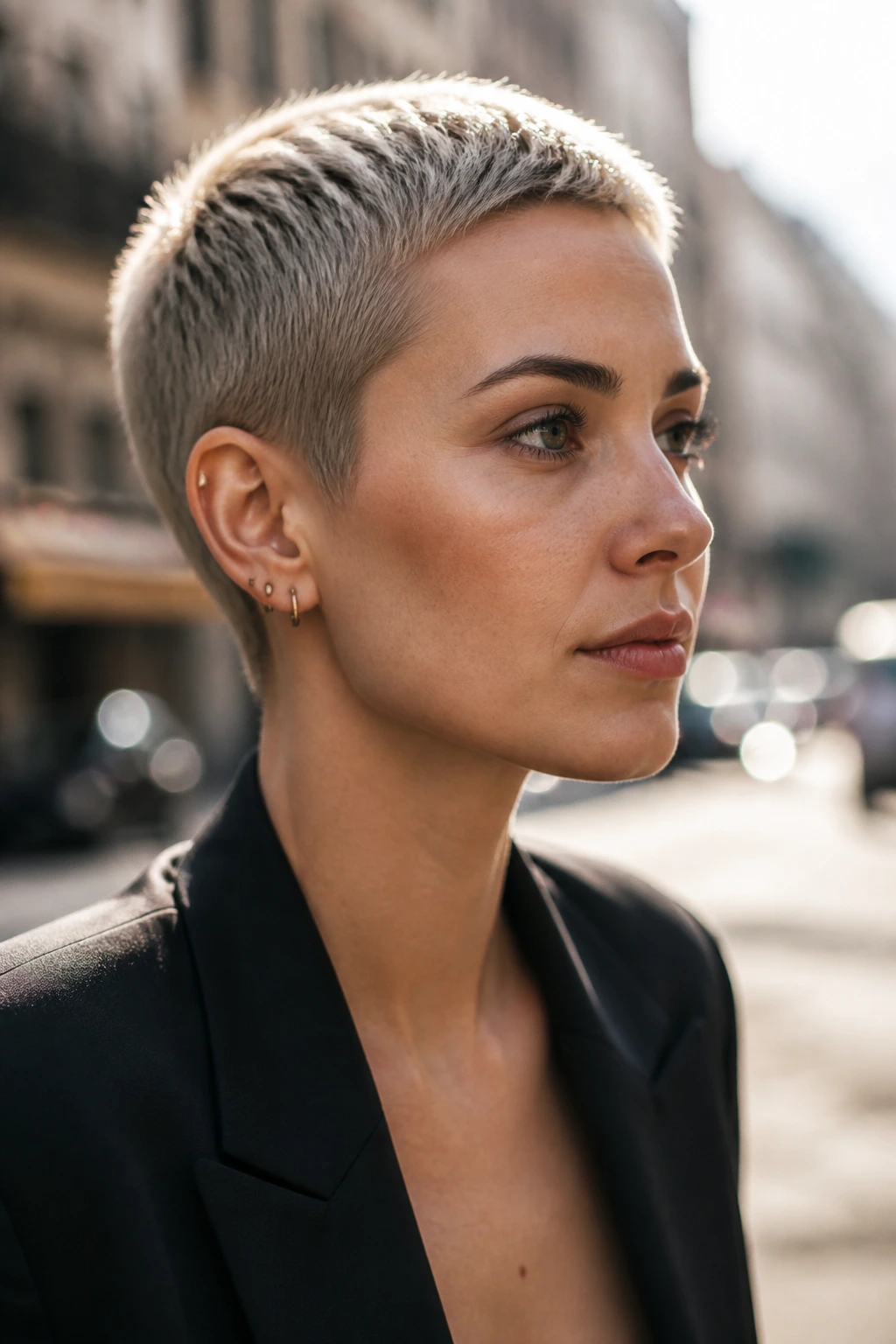 Real woman with micro pixie hairstyle showing very short sides and a crisp neckline