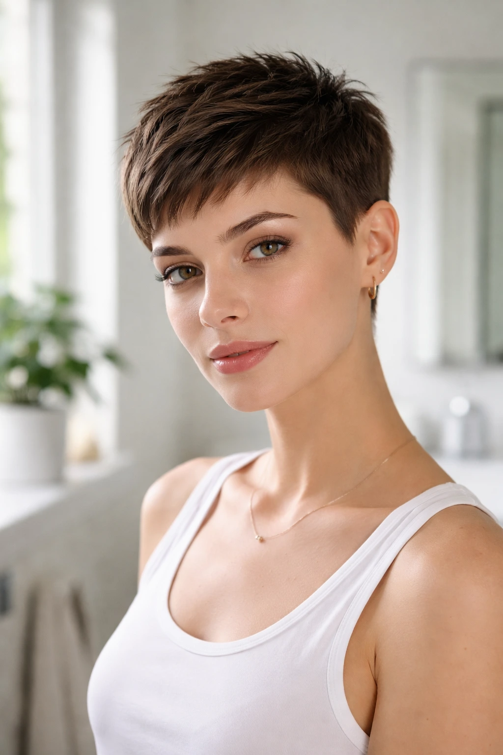 Close-up of a real woman with a micro pixie hairstyle in a bright bathroom