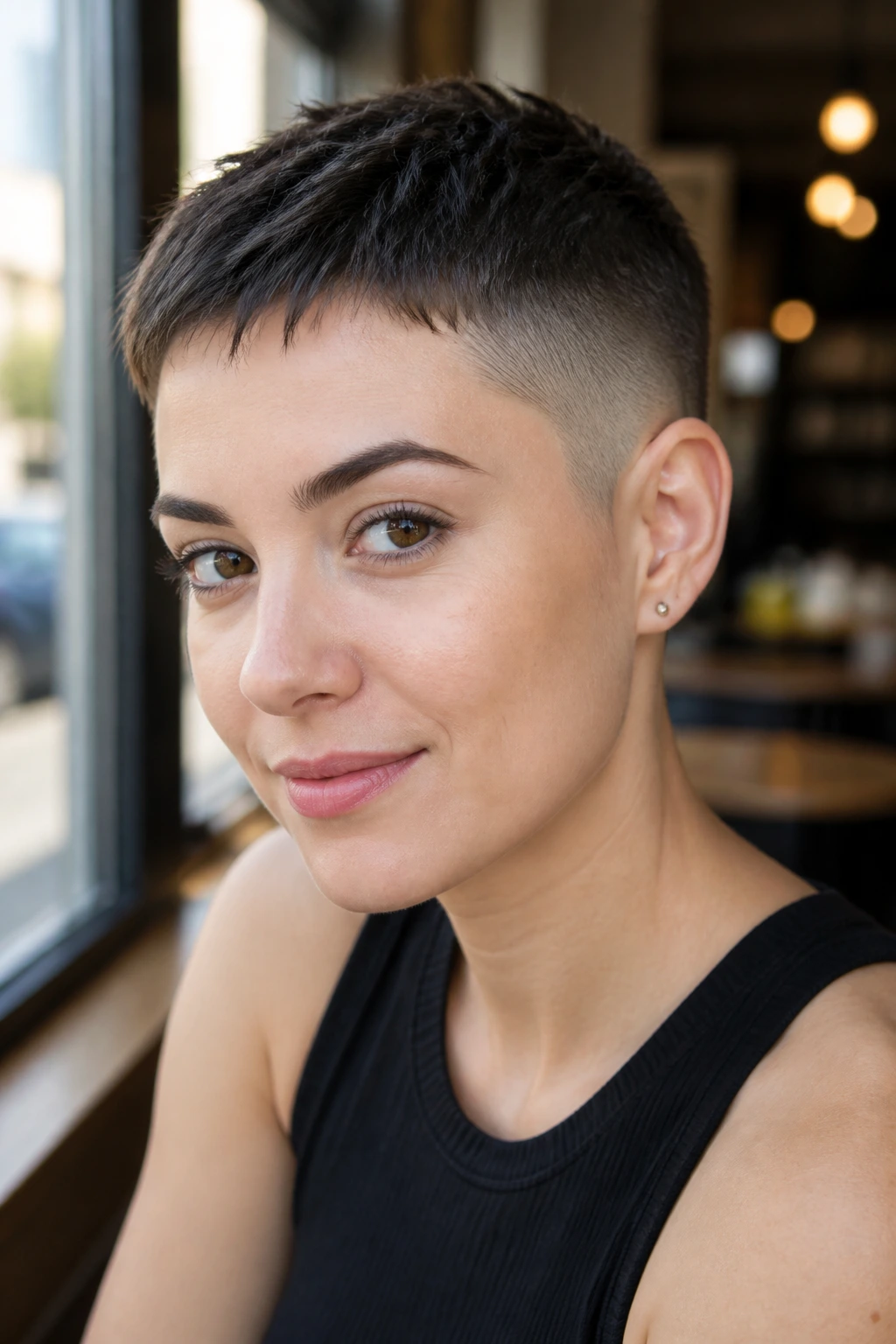 Close-up of a real woman with a micro pixie and barely-there sides
