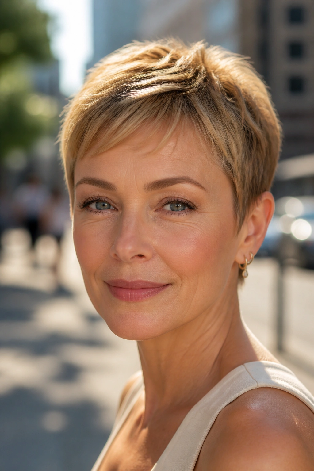 Real woman with micro pixie and soft edges on sunny street