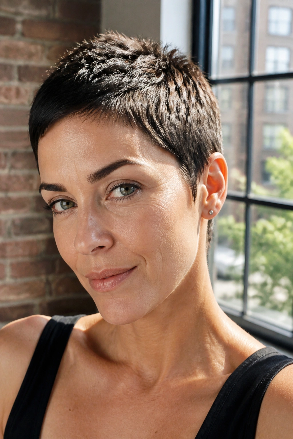 Close-up portrait of woman with micro pixie texture