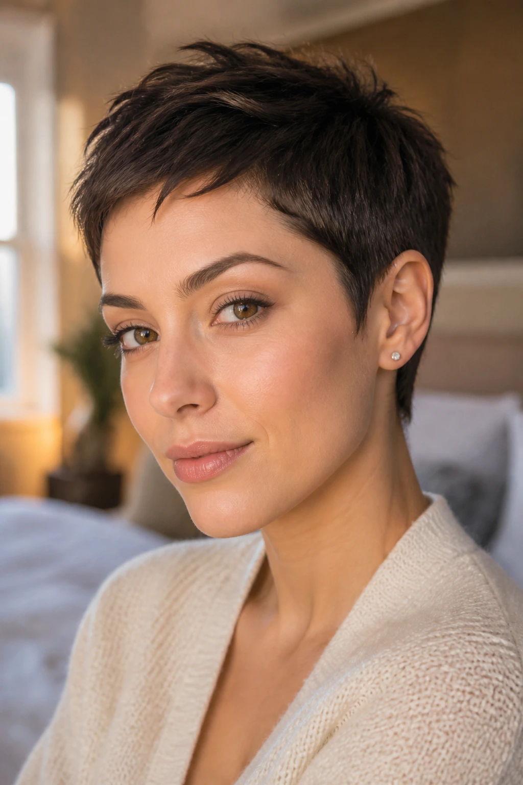Close-up portrait of a woman with Micro Pixie with Tucked Sides hairstyle in warm window light