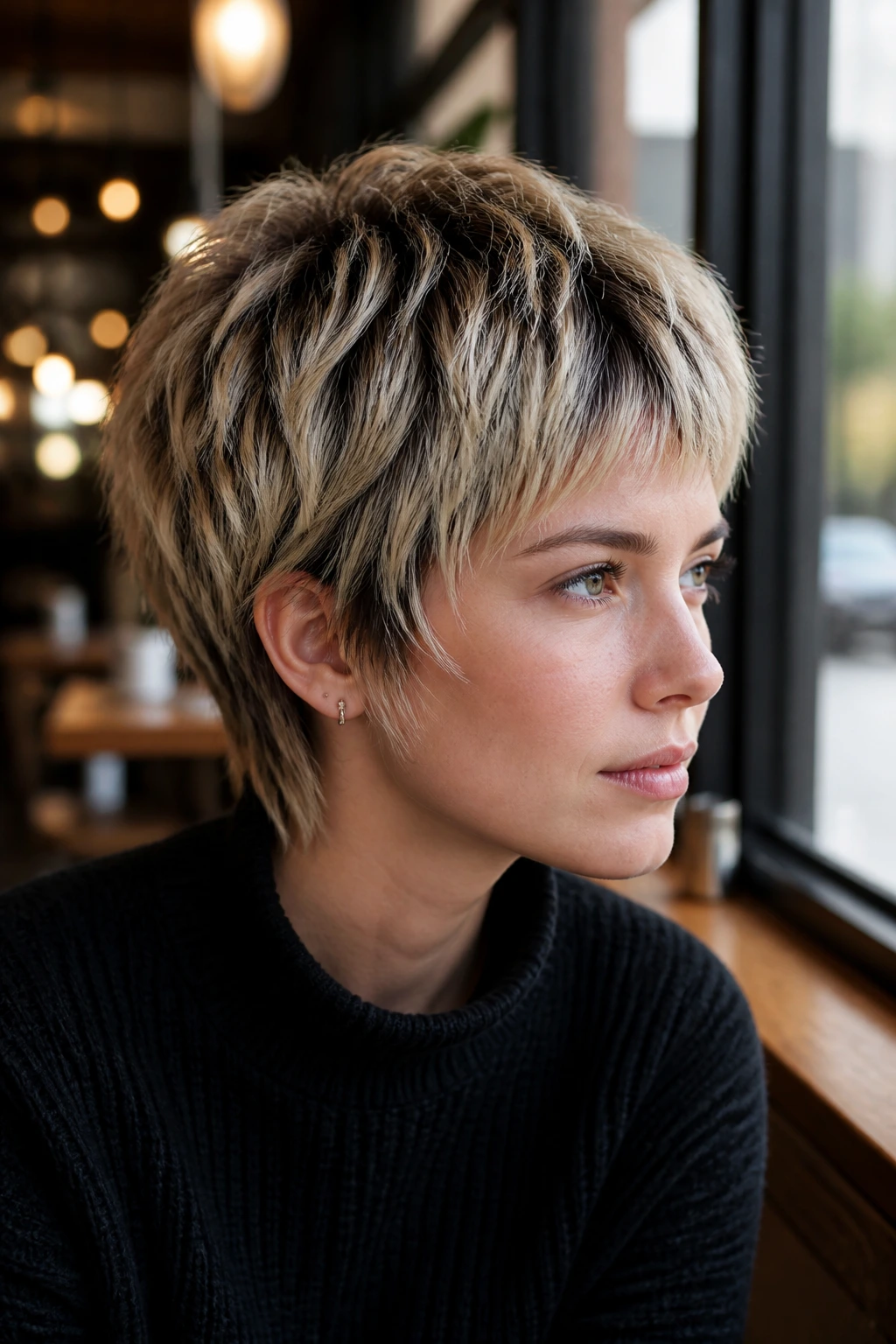 Close-up portrait of a real person with Micro-Shag With Dark Root Shadow showing short textured hair with dark roots.