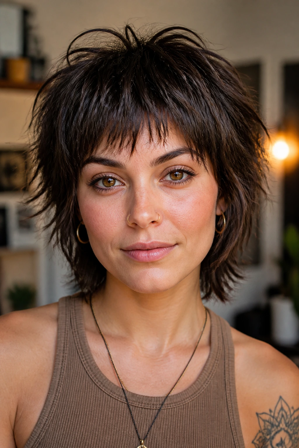 Close-up portrait of a woman with a micro shag haircut