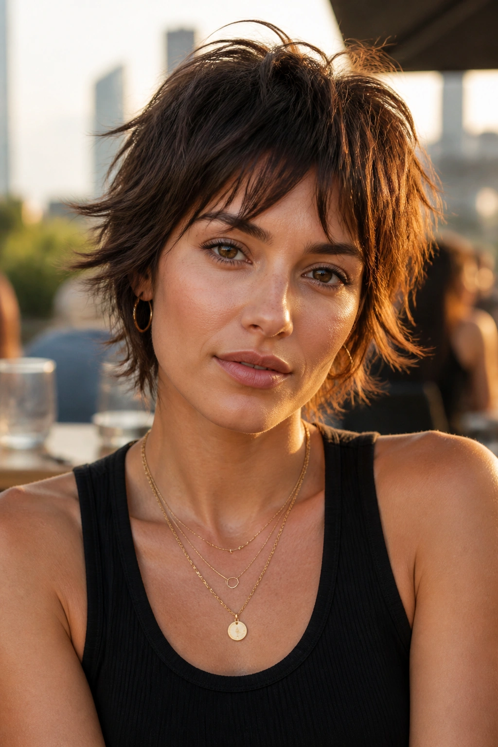 Portrait of a real person with a choppy micro shag and piecey ends on a rooftop cafe at golden hour