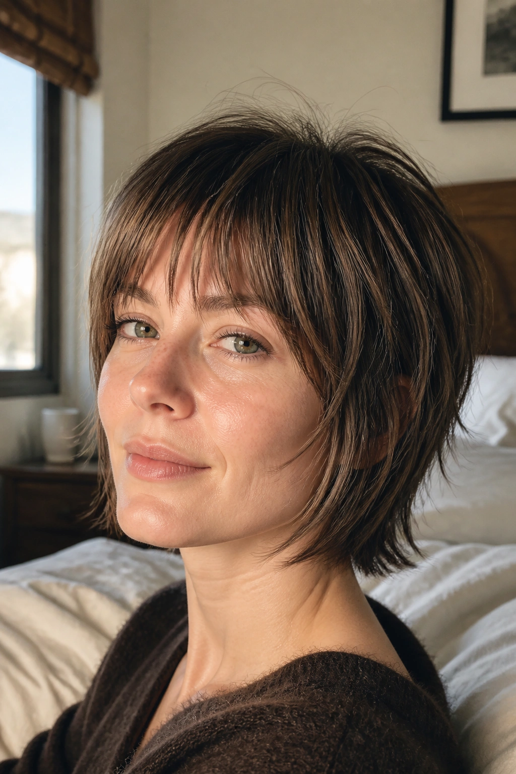 Close-up portrait of a woman with a micro shag haircut on straight fine hair, jaw-length layers and crown lift.
