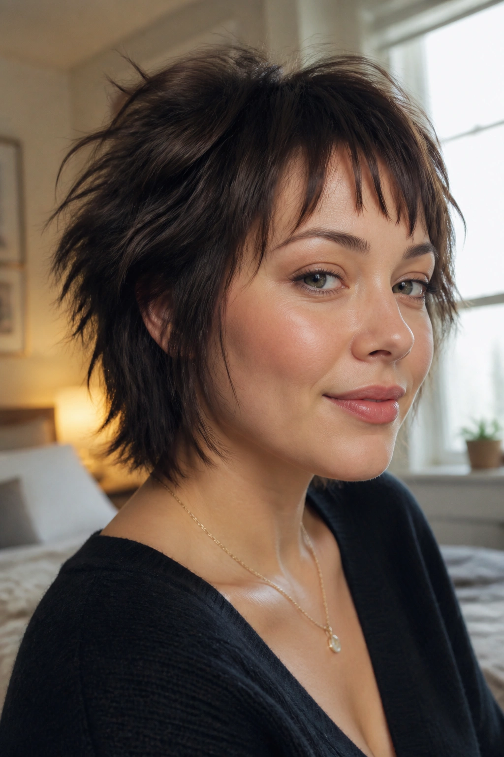 Close-up of micro-shag with airy fringe on a real woman's round face