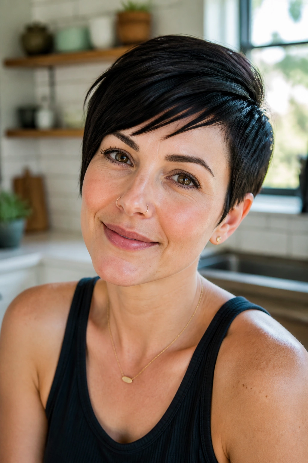 Close-up of real person with micro side-swept bangs on short cut