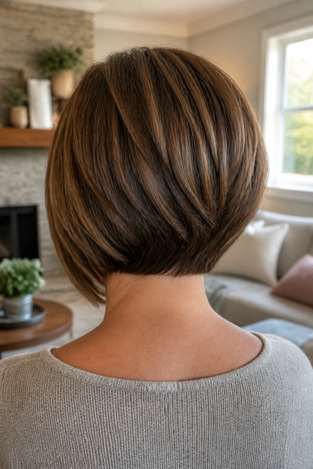 Back view of real woman with micro-stacked bob and rounded back