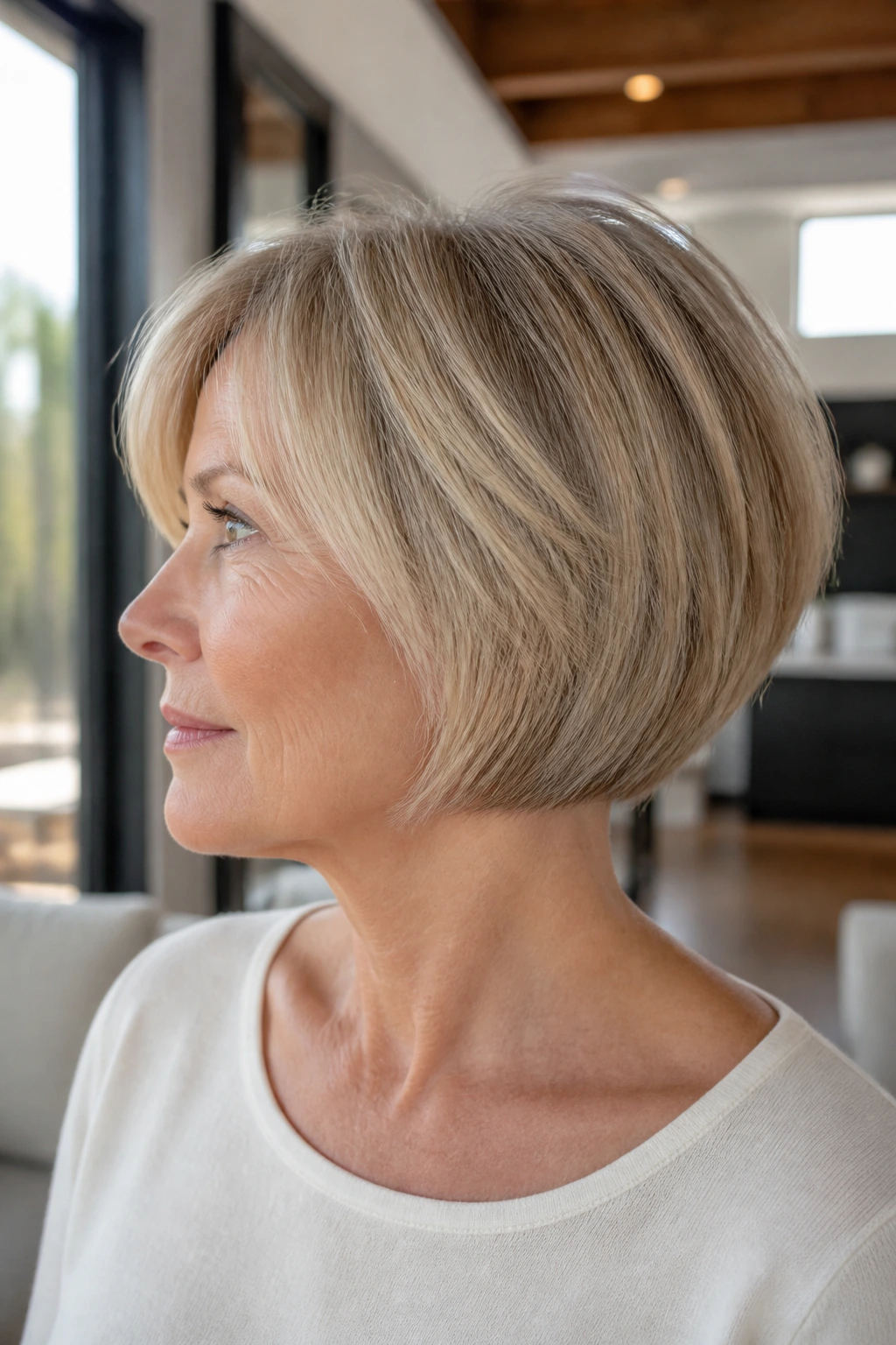 Real woman with micro stacked bob for very fine hair in a bright window-lit room.