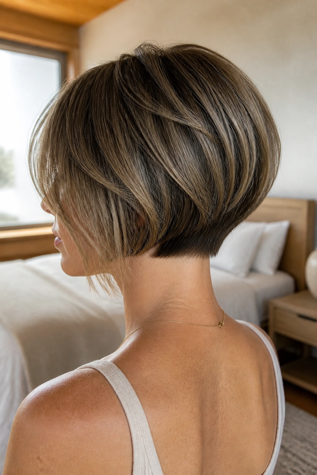 Back view close-up of a real woman with a micro-stacked nape bob highlighting the short stack at the nape.