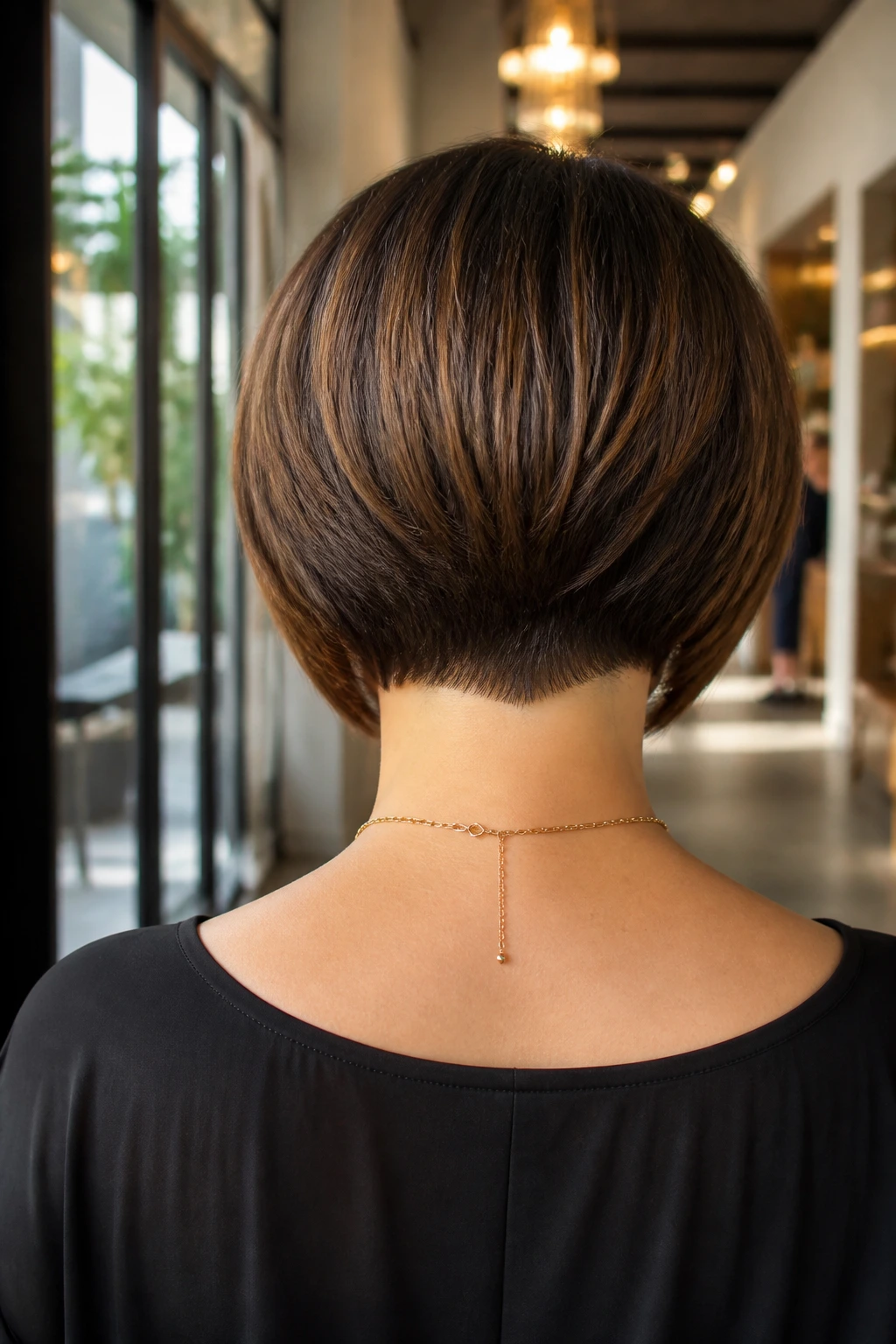 Back of head portrait of a real person with micro-stacked nape bob