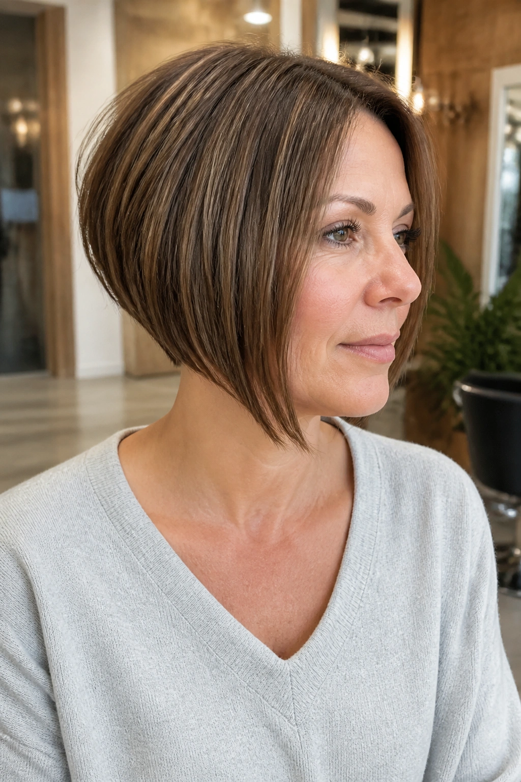 Close-up portrait of a woman with micro-stacked bob in bright salon light