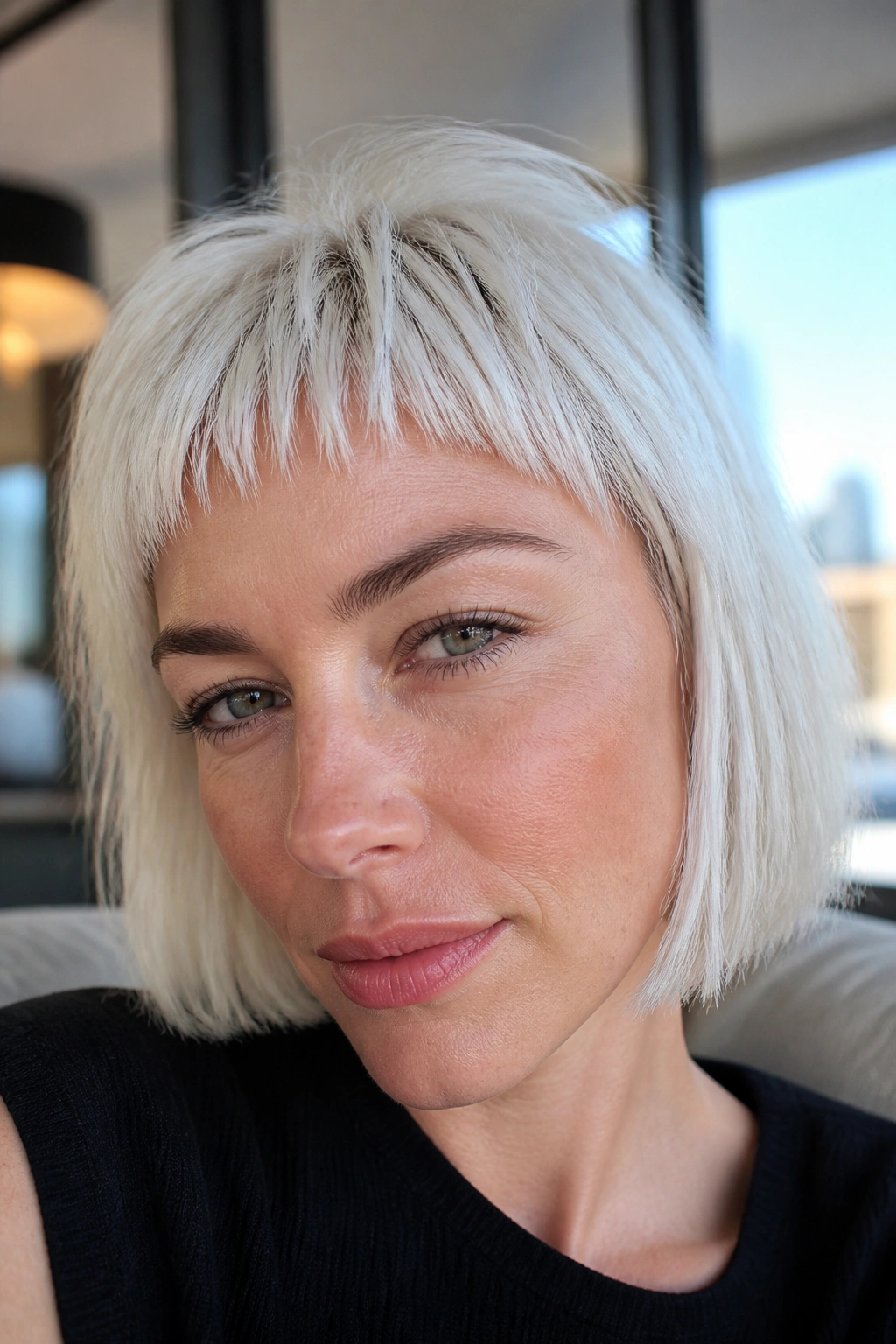 Close-up of a real person with micro-textured white bangs in a modern lounge.