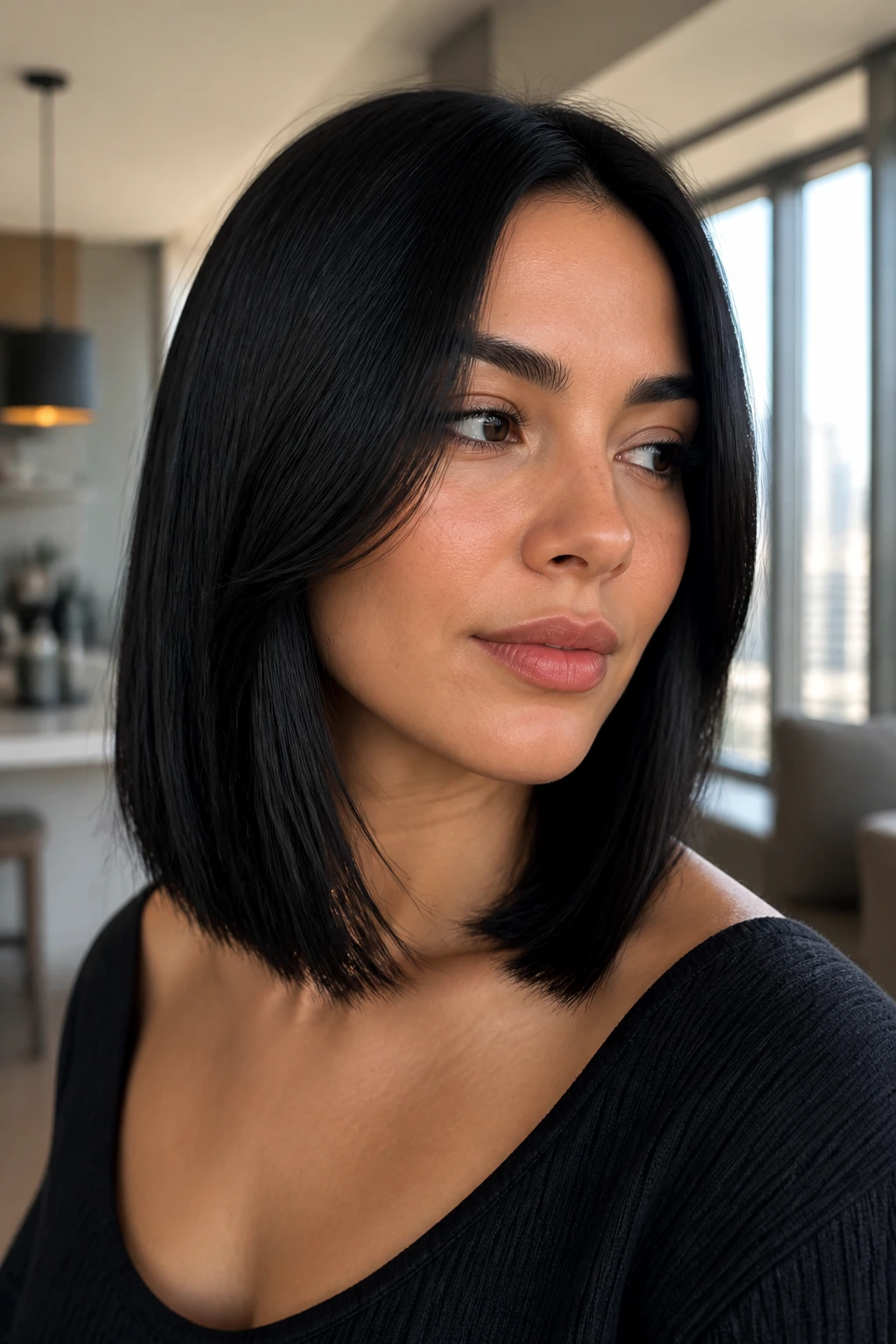 Close-up of a real woman with a long black bob and micro-textured ends in bright window light