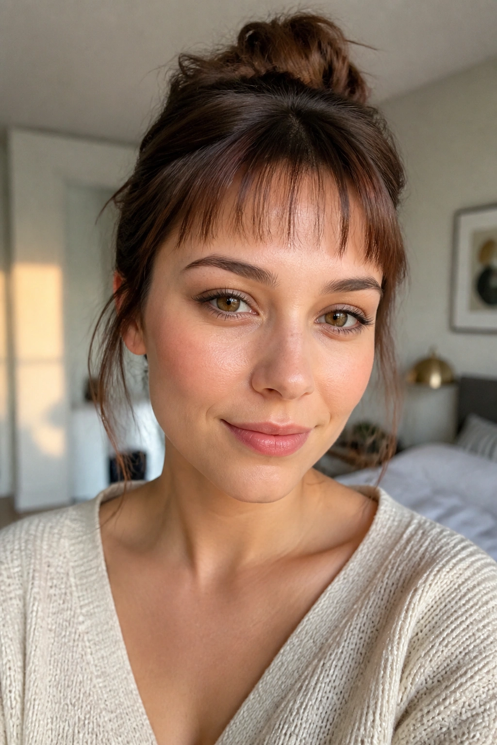 Close-up of a real person with tiny airy micro wispy bangs across the forehead.