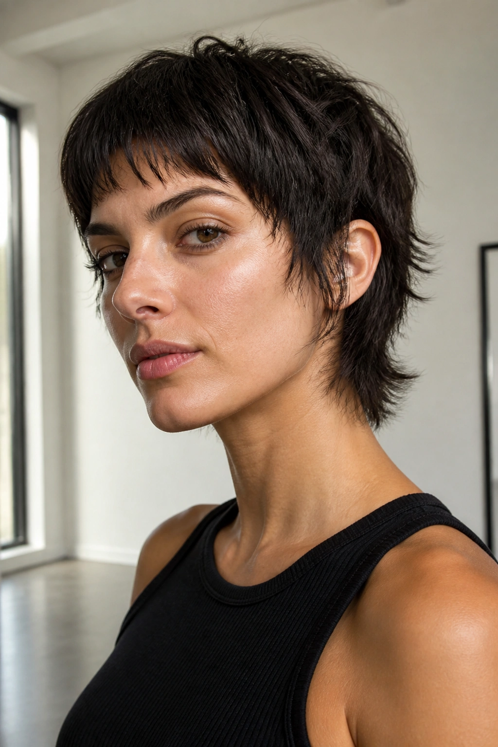 Close-up of a real woman with a micro wolf cut showing tight silhouette in short hair.