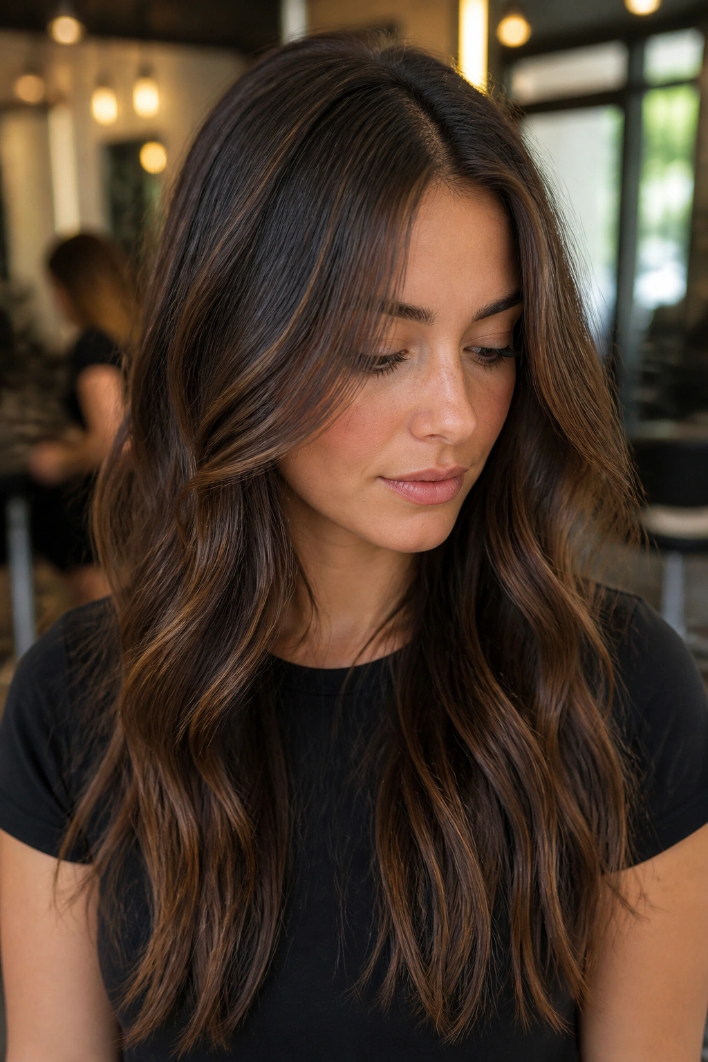 Close-up of a real woman with micro-babylights over a chocolate brown base