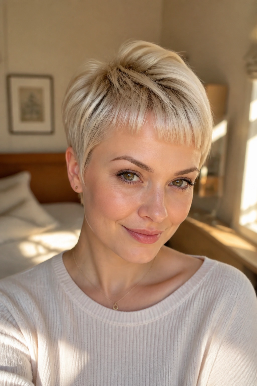 Close-up portrait of a real woman with a micro-bang blonde pixie featuring soft fringe and lifted crown