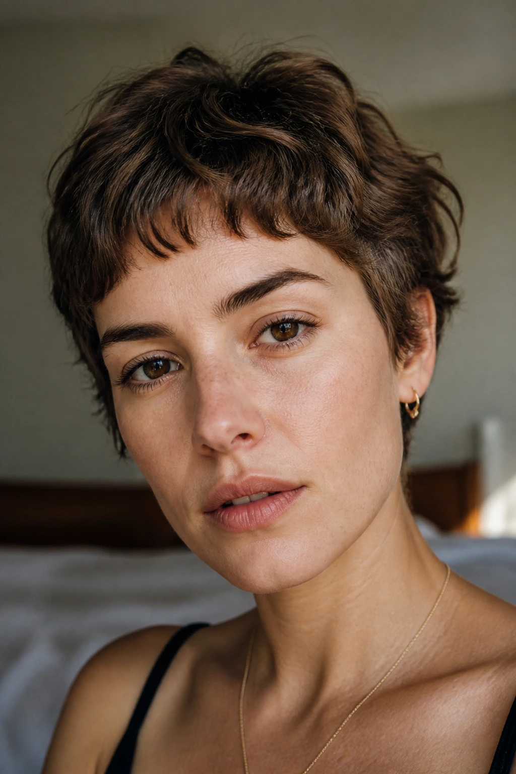 Close-up of a real woman with micro-bang wave pixie and bangs above the brows