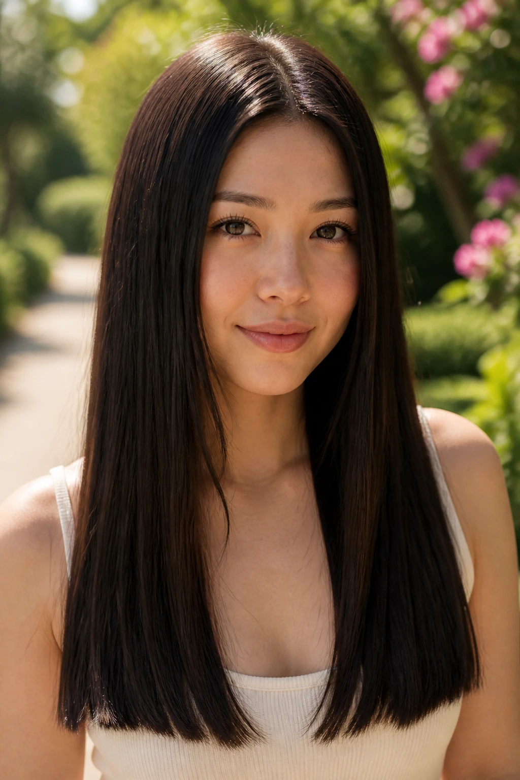 Real woman with long straight hair to mid-back, blunt ends, bright outdoor light.