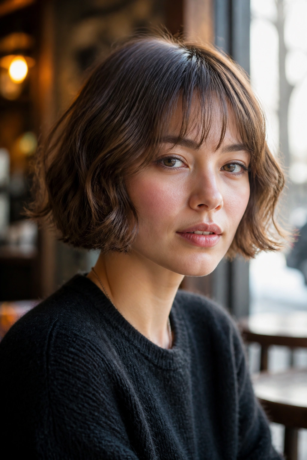 Close-up portrait of a real woman with mid-cheek bob and light fringe