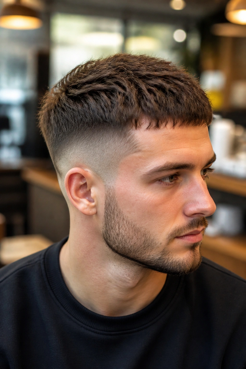 Man with mid fade and textured crop in cafe setting