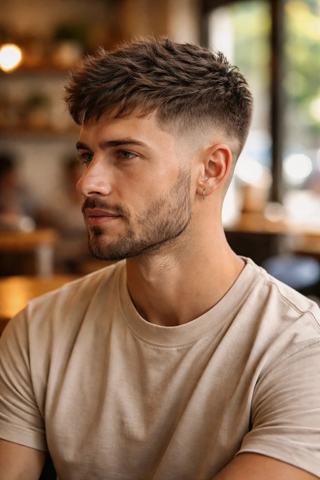 Close-up of a man with a mid-fade textured crop in a sunlit cafe