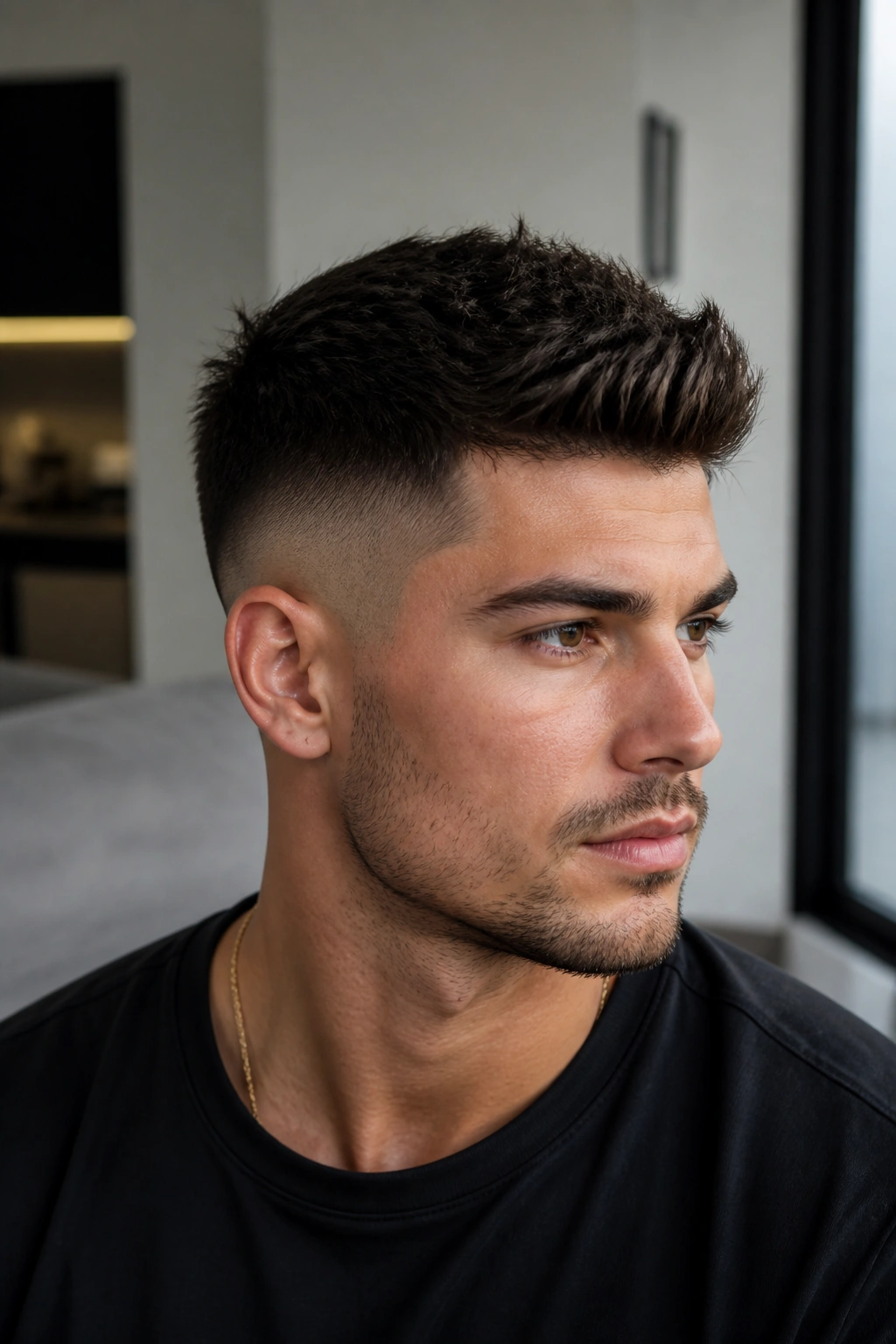 Close-up portrait of a man with a mid fade undercut and textured top.
