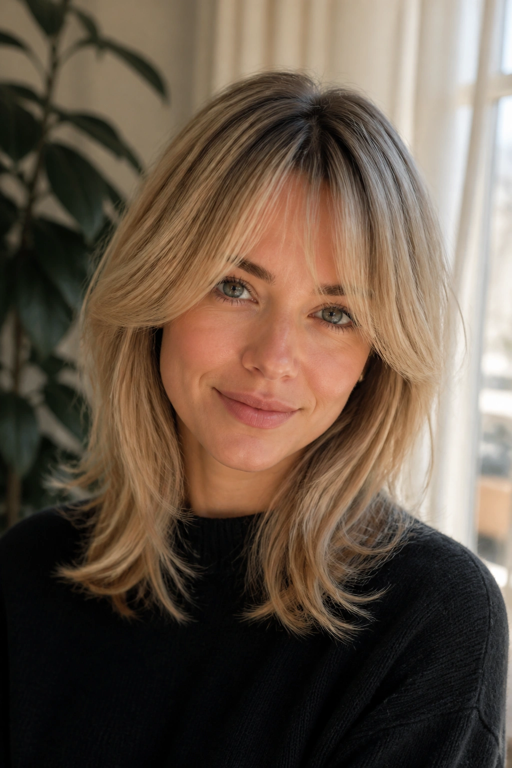 Close-up of a real person wearing a shoulder-length cut with bottleneck bangs in sandy blonde.