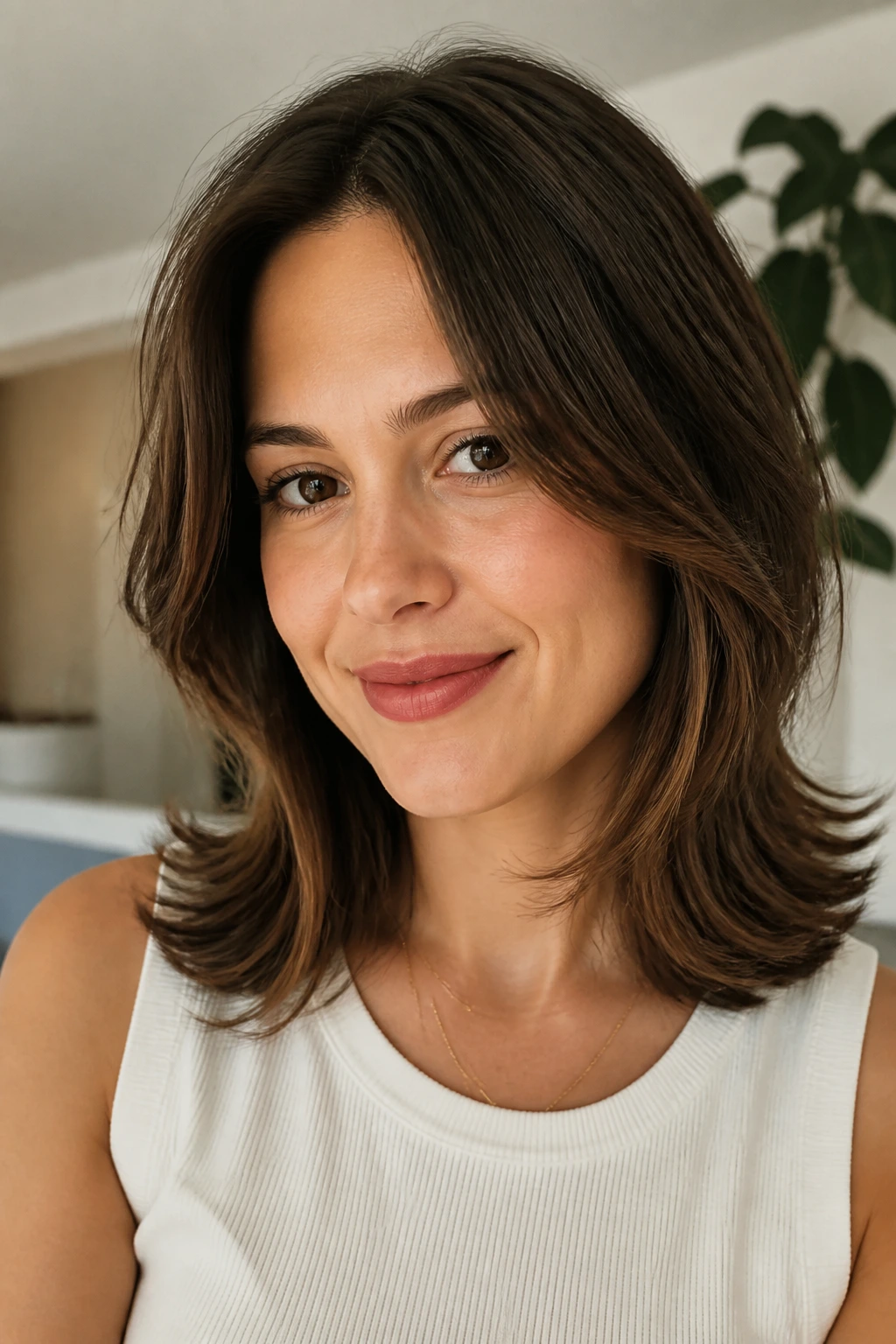 Close-up of a real woman with a mid-length cut and flipped ends