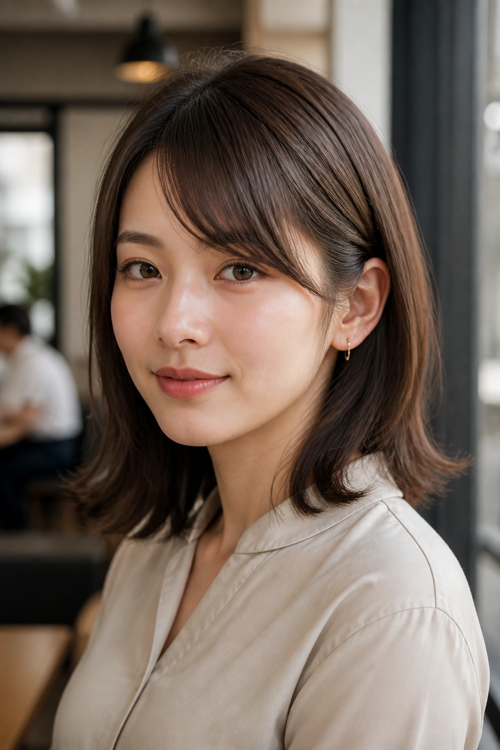 Close-up of a real person with a mid-length cut and tucked side bang in an office/cafe setting
