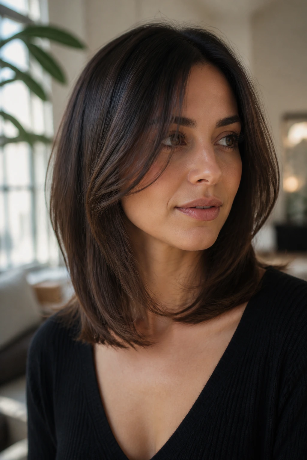 Close-up of a real woman with a mid-length cut and face-framing veil