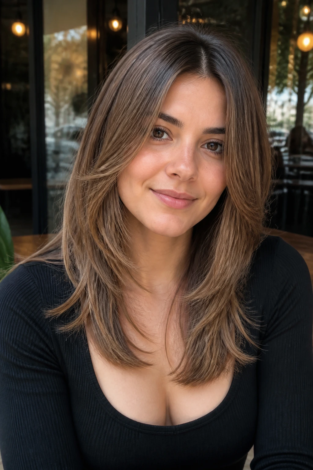 Close-up of a real woman with mid-length graduated cut and long layers.