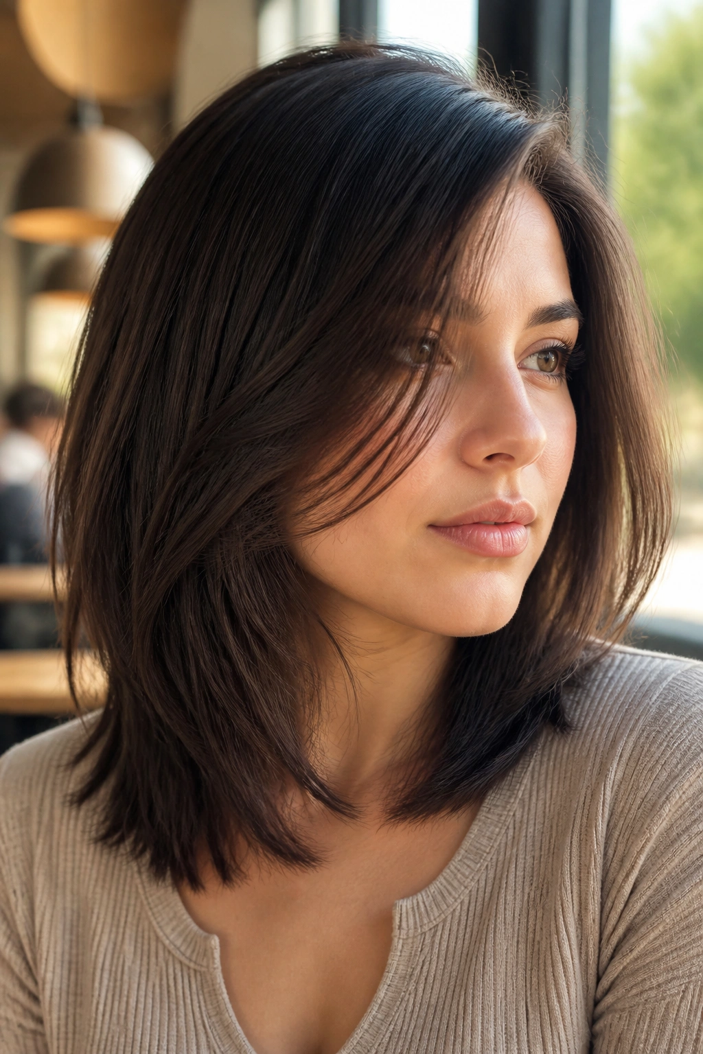 Close-up portrait of a real woman with a mid-length cut featuring invisible layers