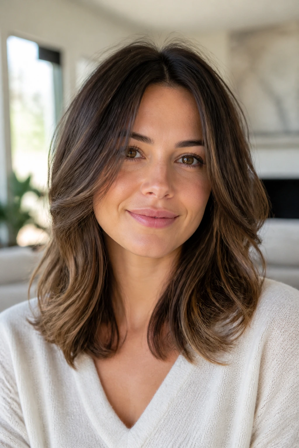 Close-up of mid-length hair with invisible layers on a real woman