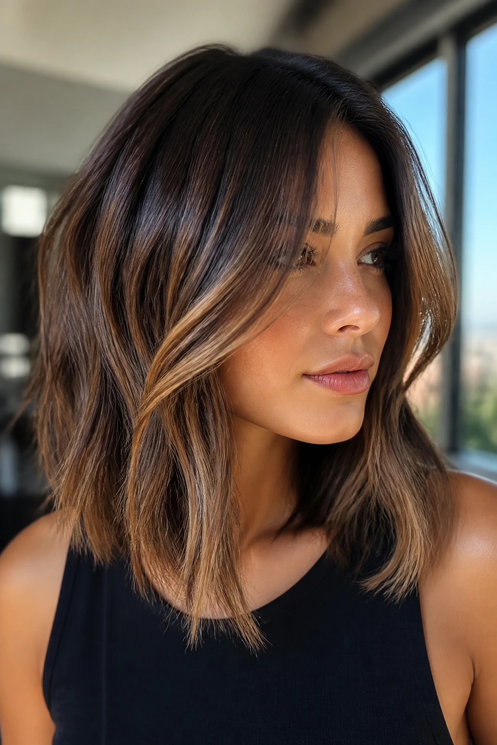Close-up of a real woman with a mid-length lob and sliced caramel layers