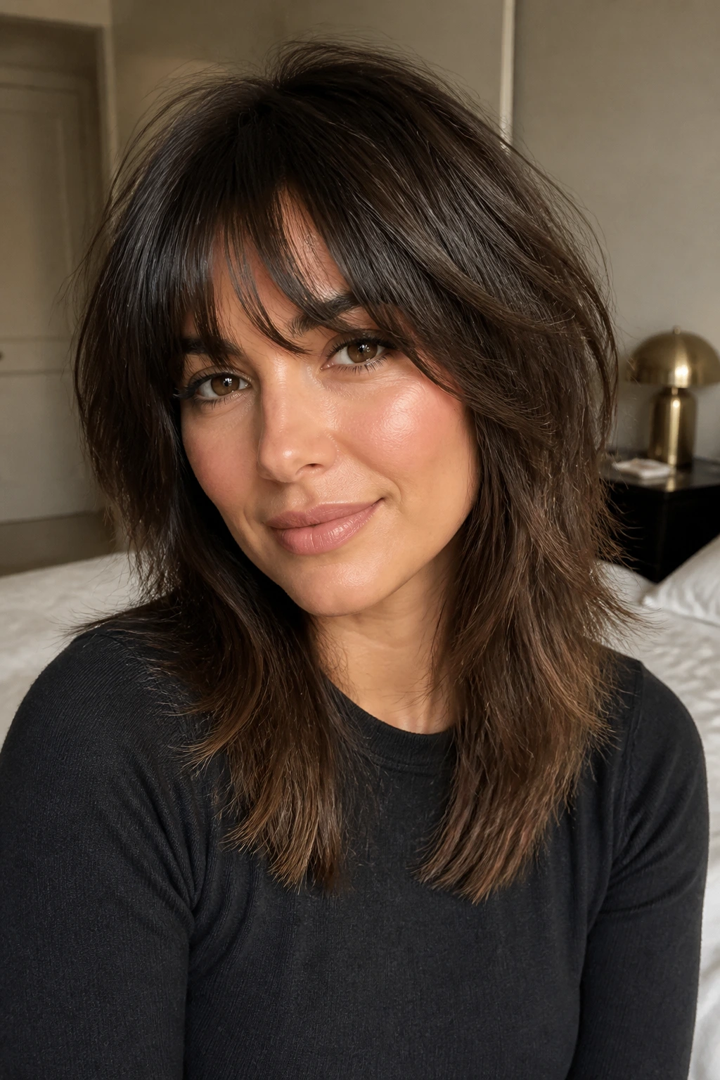 Close-up of a real woman with a mid-length shag and airy fringe in warm window light.