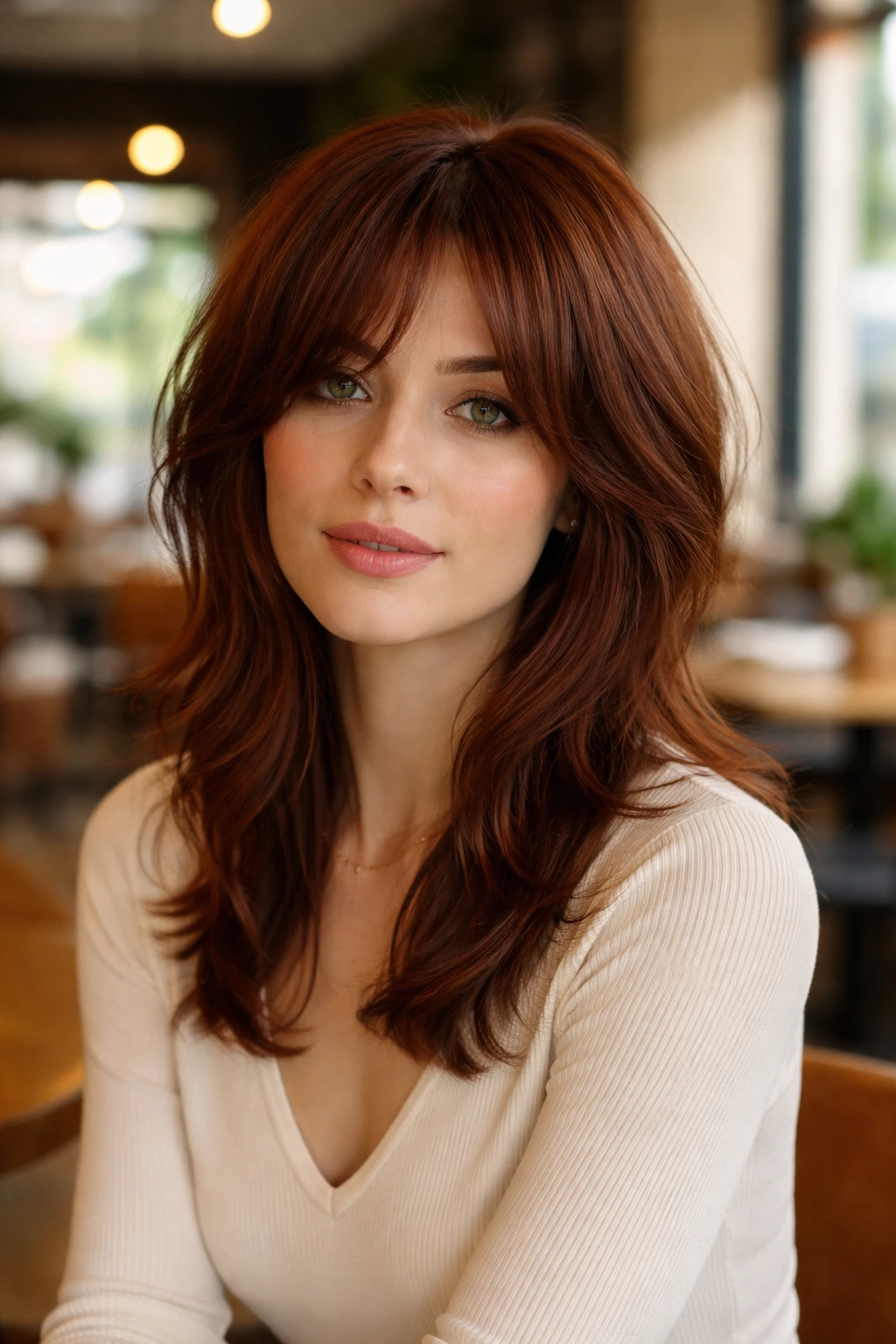 Close-up of a real woman with a mid-length shag and cheekbone layers.