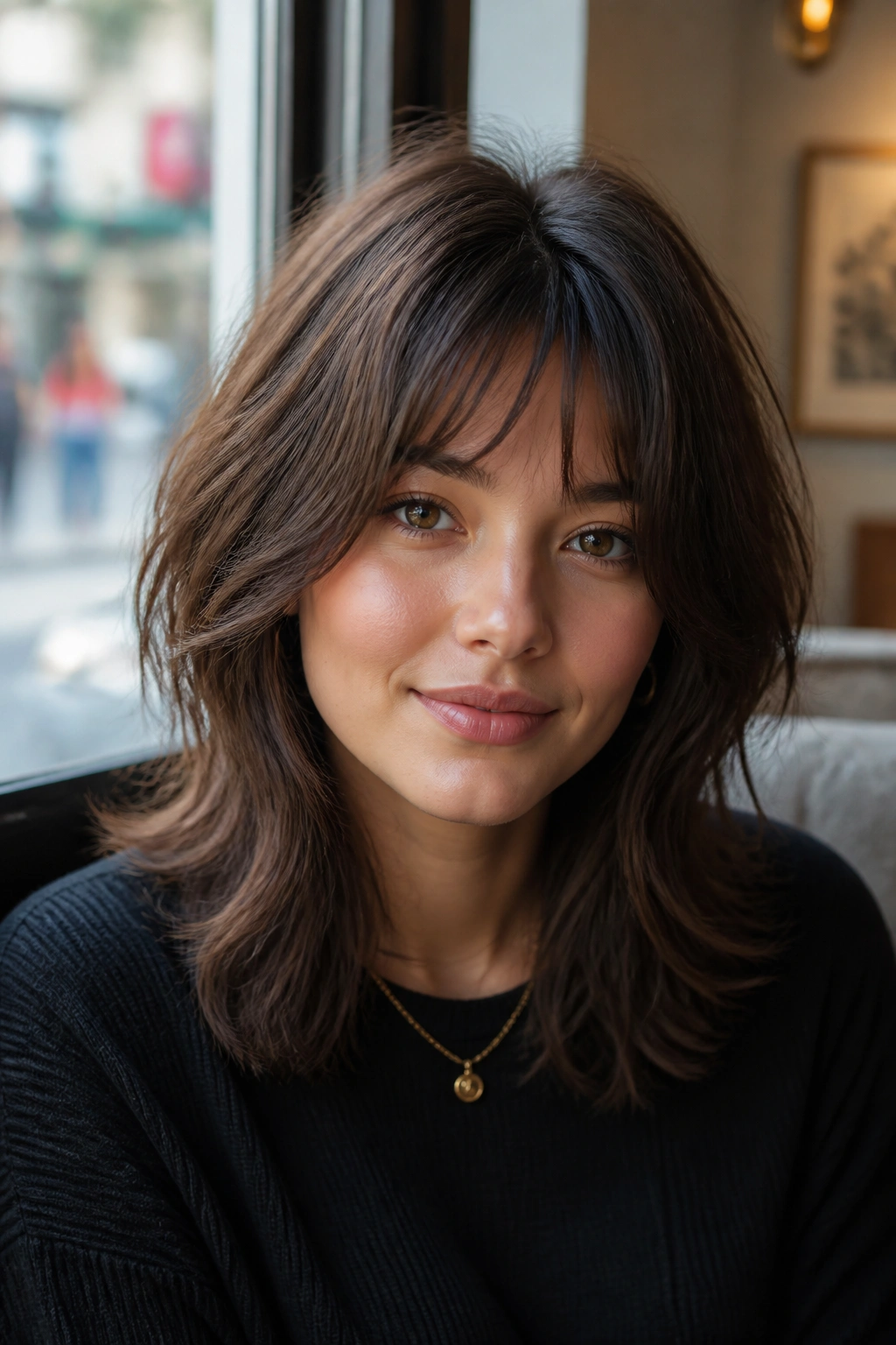 Close-up portrait of a real person with mid-length shag and face-framing curve