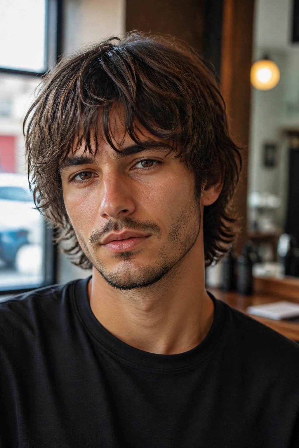 Close-up portrait of a man with classic mid-length shag, feathered layers and soft fringe under warm window light