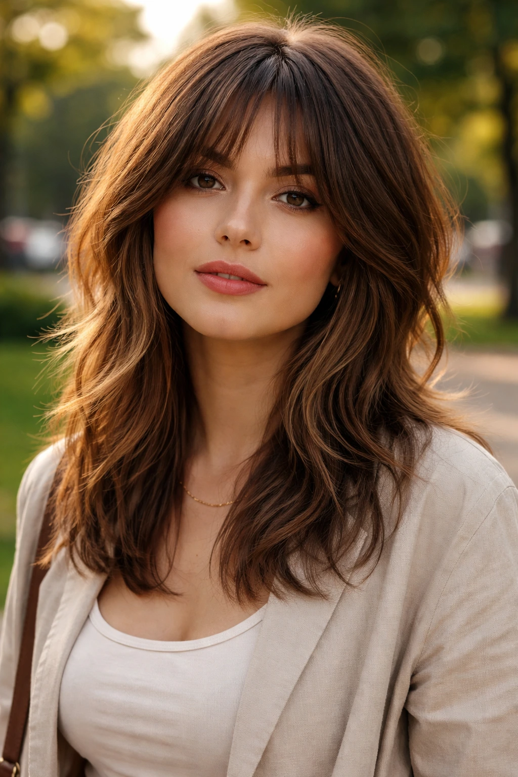 Close-up portrait of a real woman with mid-length shag reaching the collarbone