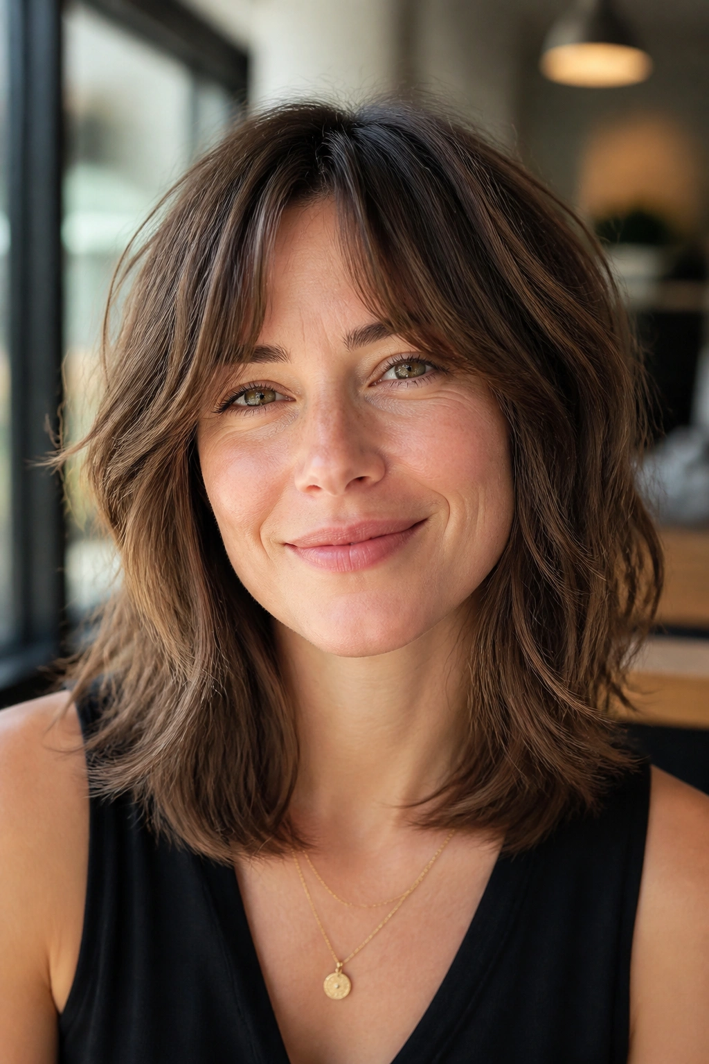 Portrait of a real woman with mid-length shag and soft U-shaped silhouette