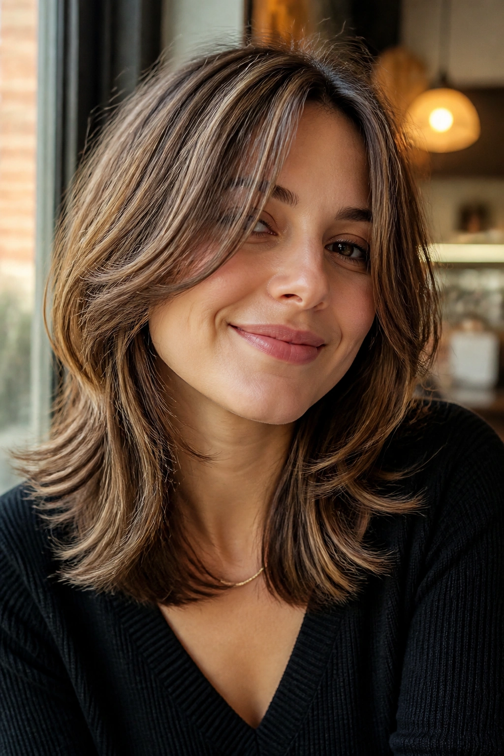 Real person with mid-length sliced layers showing movement in natural daylight.