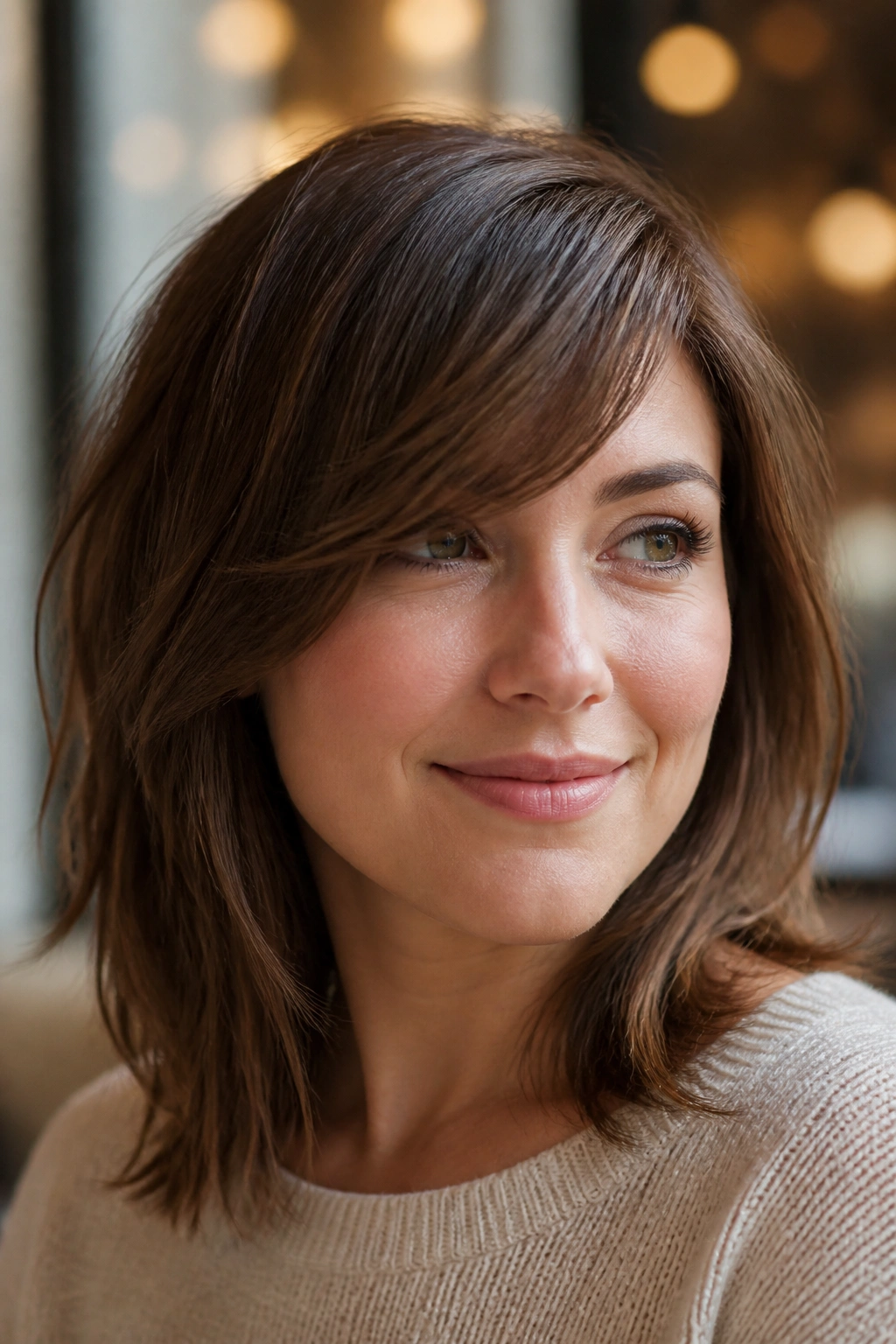 Close-up portrait of a real woman with mid-length cut and swooping fringe in cafe light